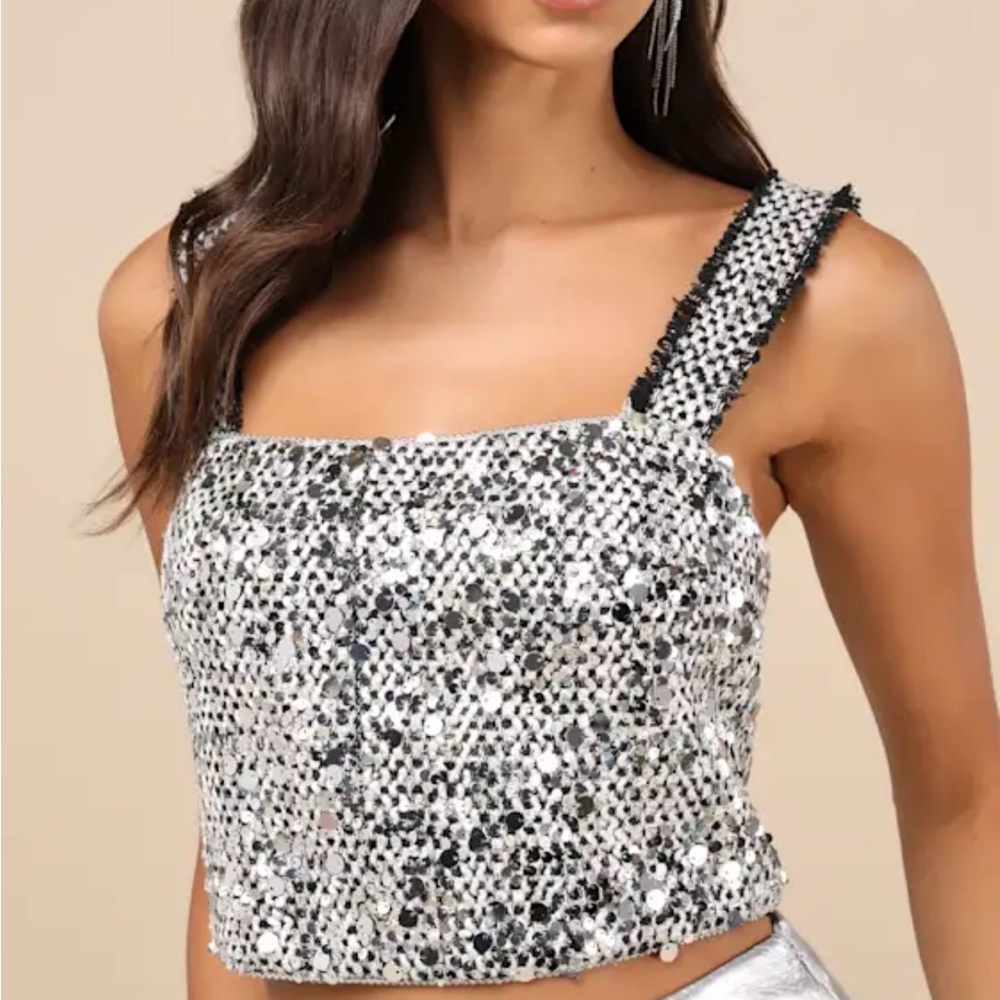 Lulu's Silver Sequin Crop Tank Top
